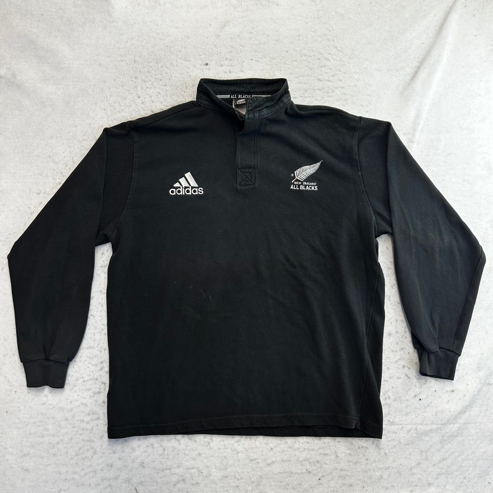 Adidas Rugby Shirt Mens XL Black New Zealand All Blacks Long Sleeve Polo